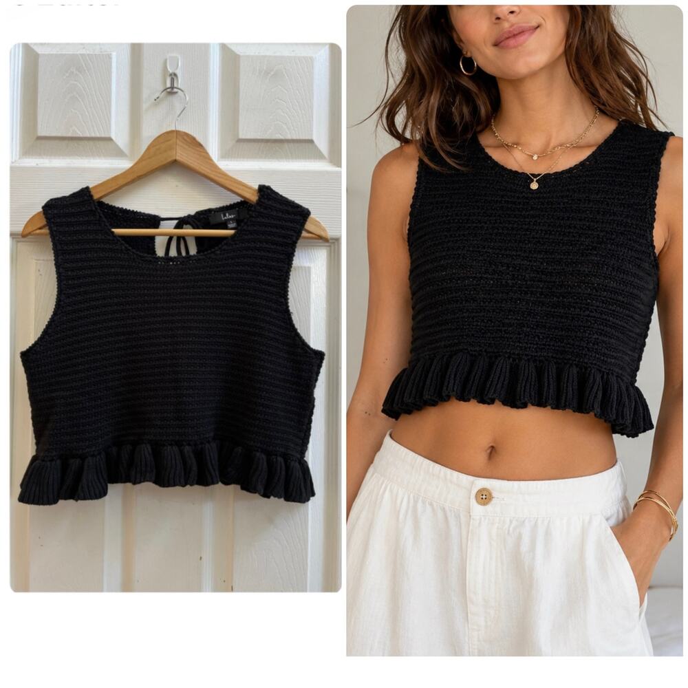 Lulus Black Crochet Knit Sweater Crop Tank Top Ruffle Trim Large Festival Vacay